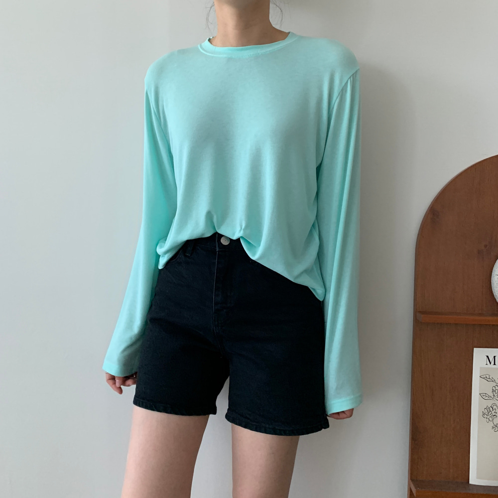 1983 여자 여름 크롭티 여리여리 얇은 긴팔 시원한 레이온 숏 티셔츠