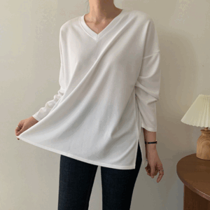 2474 부드러운 오버핏 무지 기본 브이넥 긴팔 티셔츠 봄 검정 흰색